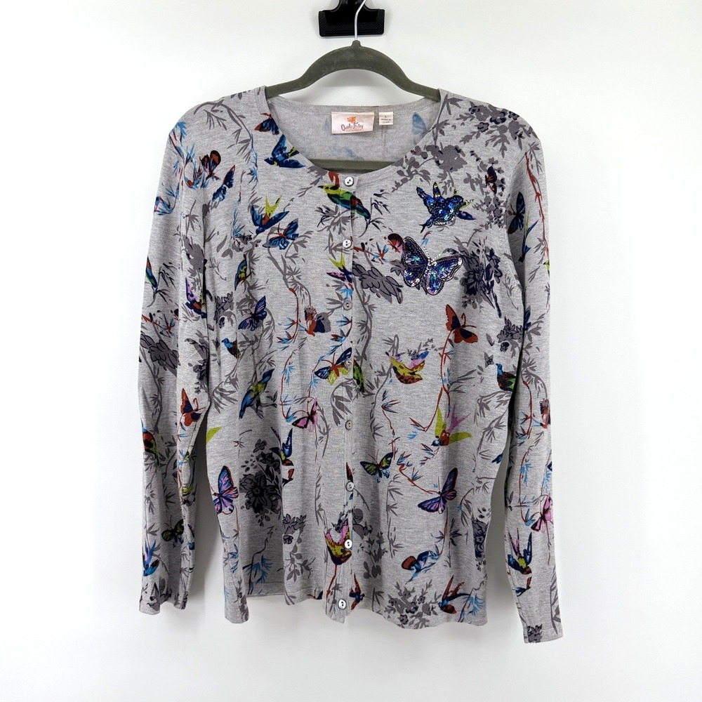 Quacker Factory Cardigan Sequin Butterfly Bird Whimsy Large Womens Sweater Knit‎